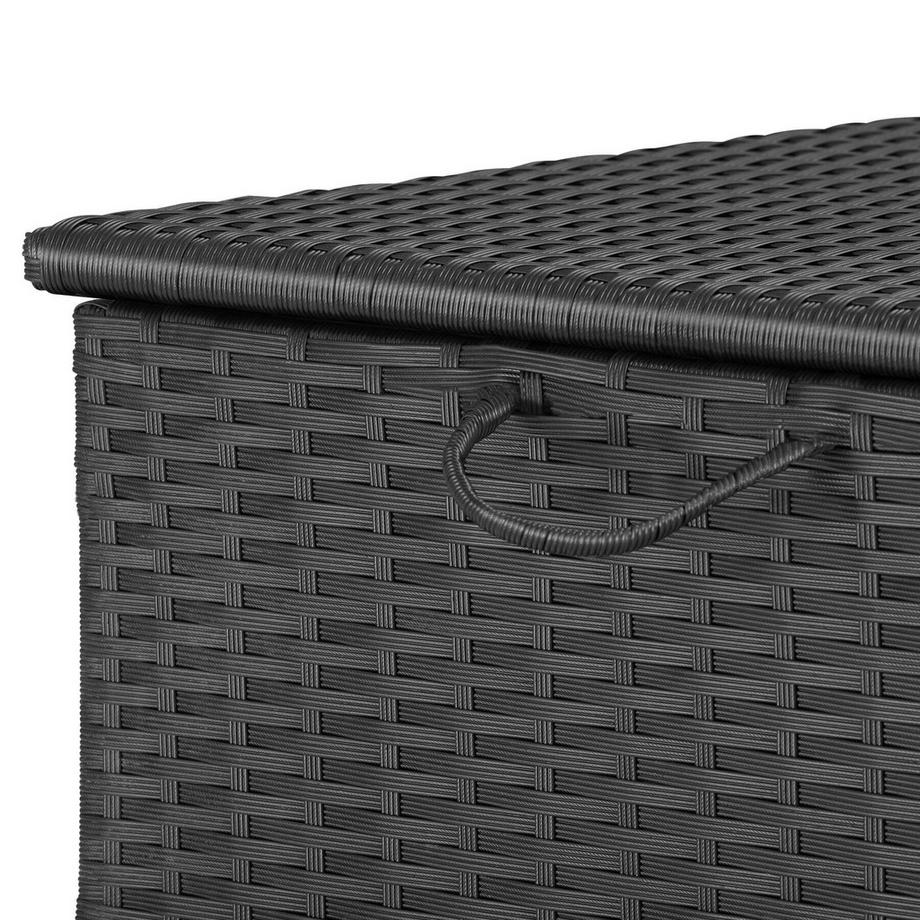 Tectake Auflagenbox Kuusamo 253 l, mit Aluminiumgestell und Rattangeflecht Griffschlaufe und 2 drehbare Rollen mit Feststellbremse  