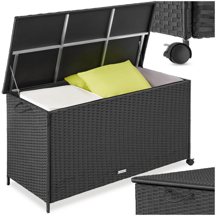 Auflagenbox Kuusamo 253 l, mit Aluminiumgestell und Rattangeflecht Griffschlaufe und 2 drehbare Rollen mit Feststellbremse