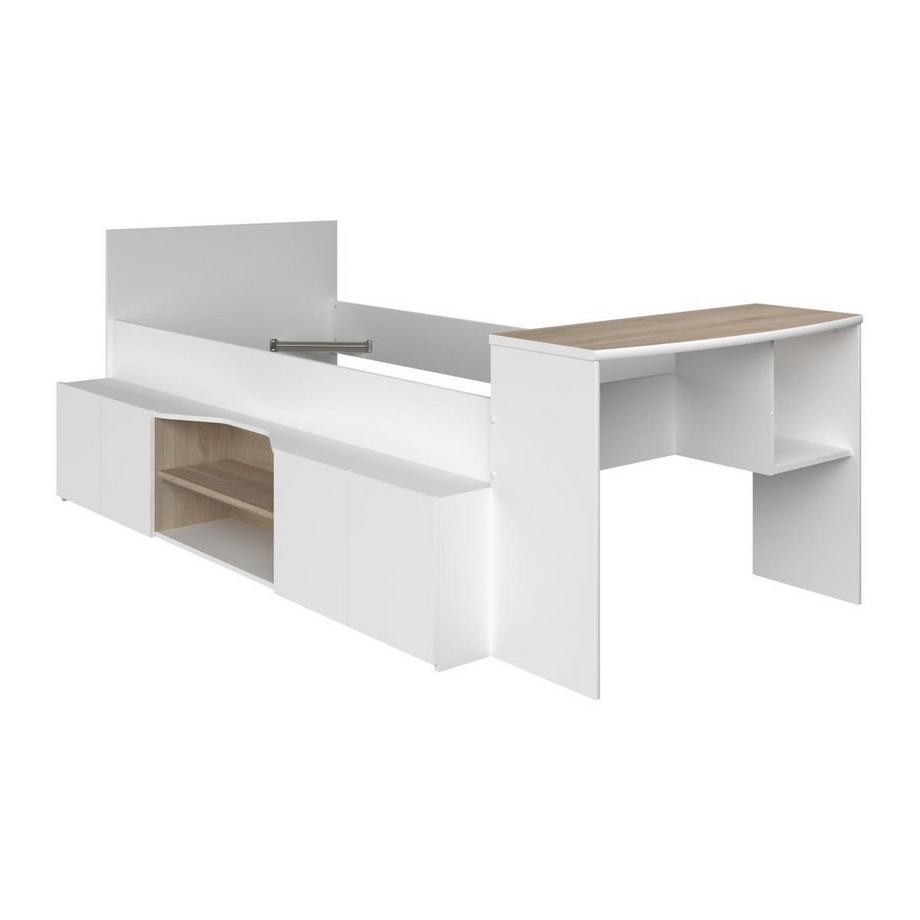 Vente-unique Lit combiné 90 x 190/200 cm avec bureau et rangements - Blanc et naturel + Sommier + Matelas - JOCHIANE  