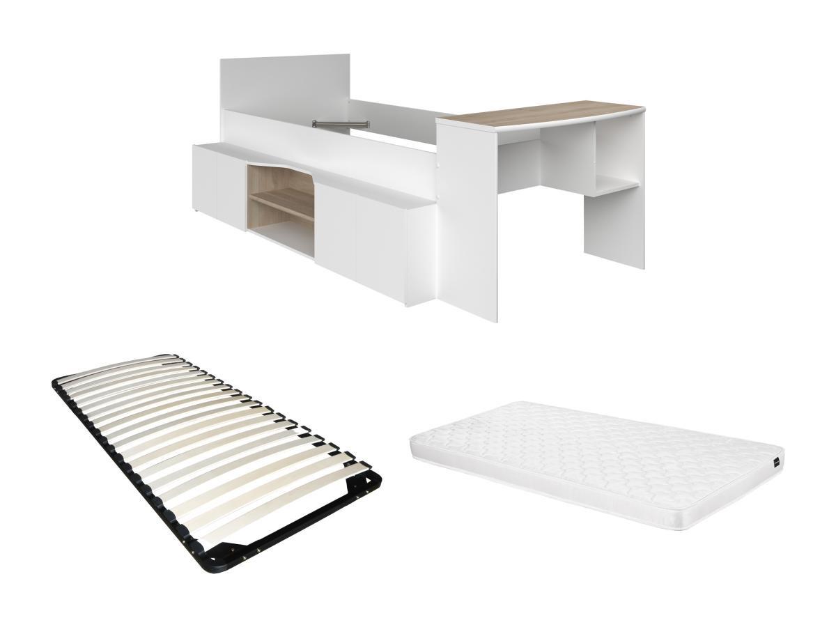 Vente-unique Letto combinato 90x190/200cm con scrivania e scomparti Bianco e Naturale + Rete a doghe + Materasso - JOCHIANE  