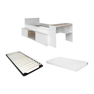 Vente-unique Letto combinato 90x190/200cm con scrivania e scomparti Bianco e Naturale + Rete a doghe + Materasso - JOCHIANE  