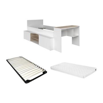 Lit combiné 90 x 190/200 cm avec bureau et rangements - Blanc et naturel + Sommier + Matelas - JOCHIANE