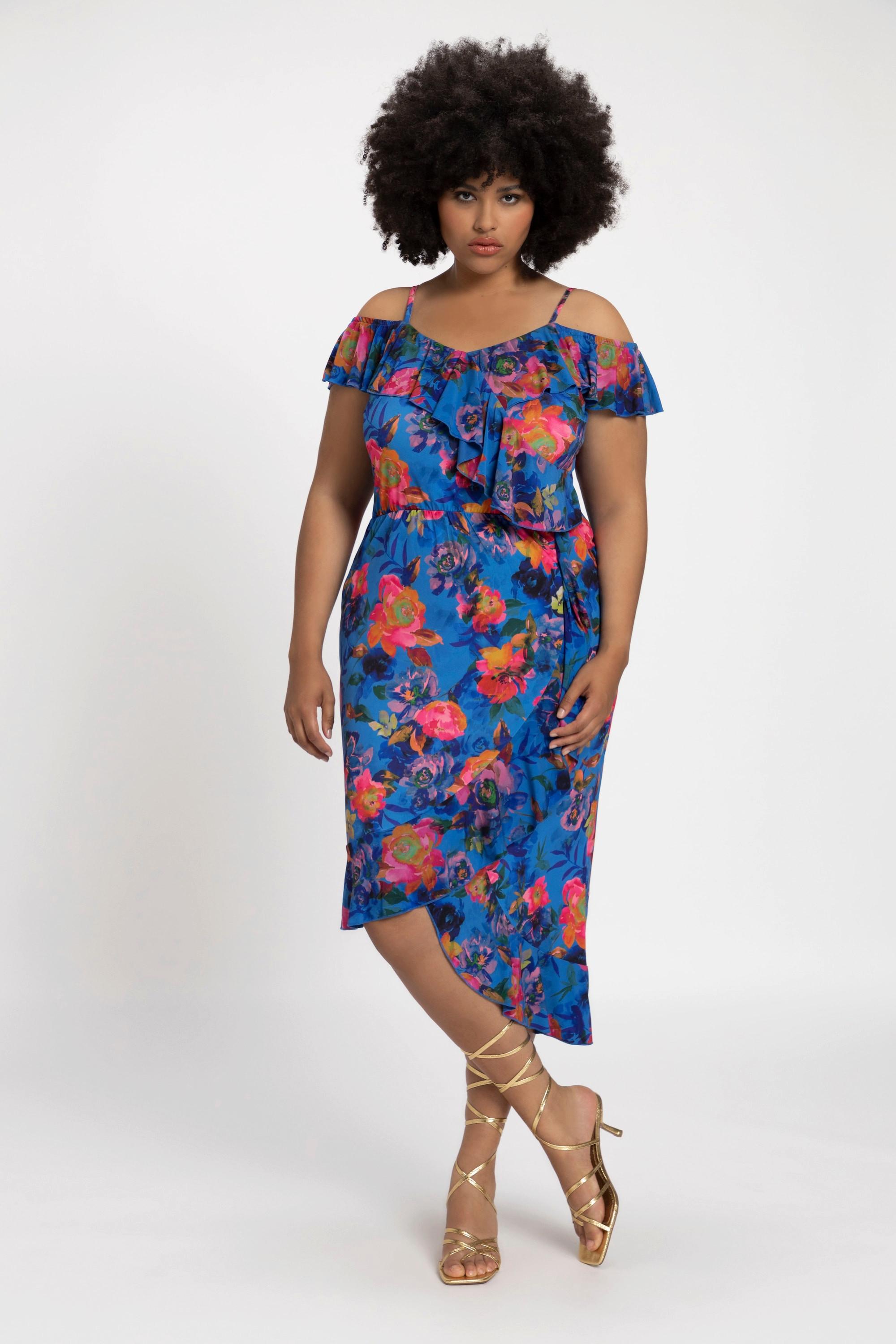 Ulla Popken  Robe midi, épaules dénudées, imprimé floral, ruché 