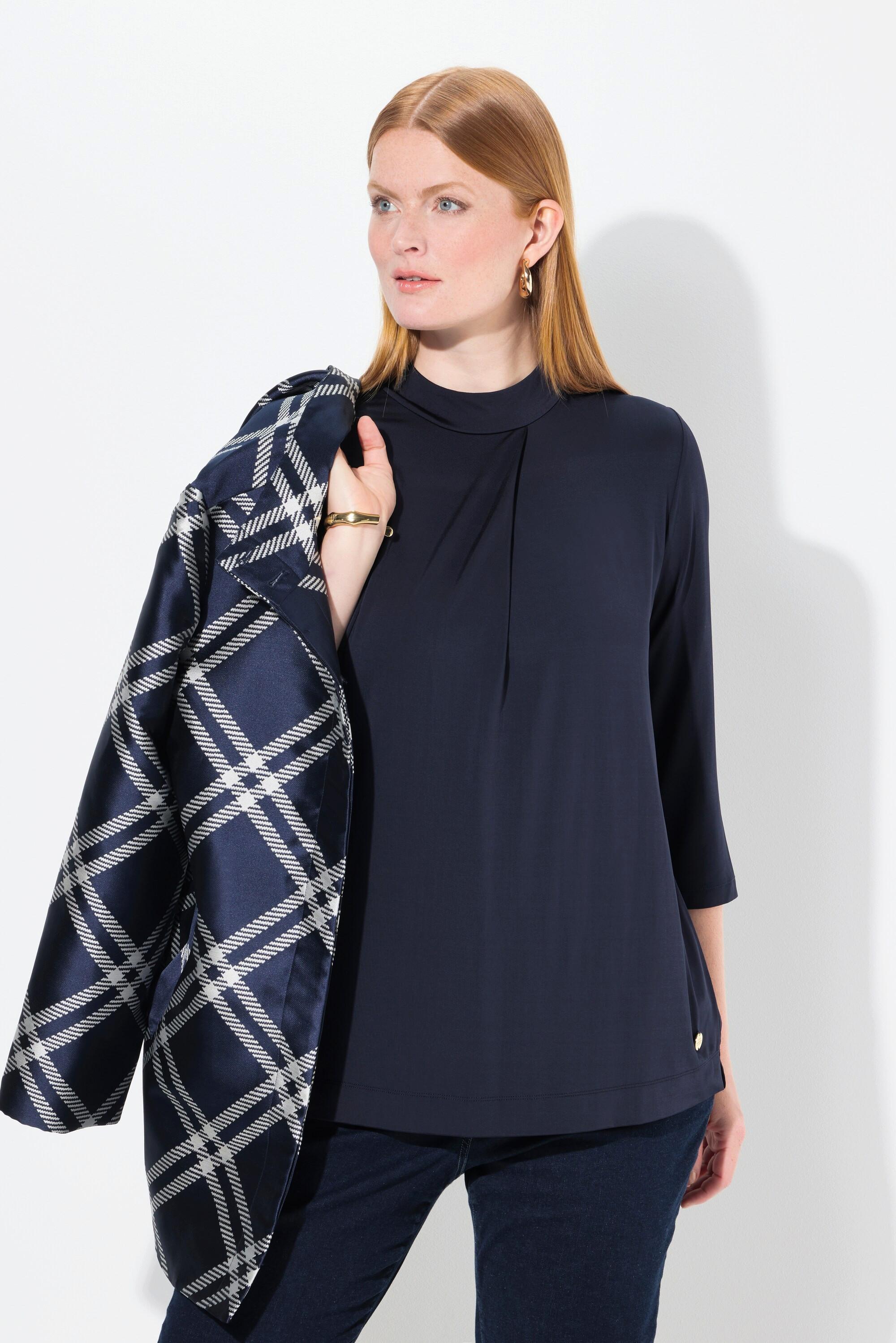 Ulla Popken Maglia Slinky Pieghe Decorative Collo Alto Maniche 3/4  