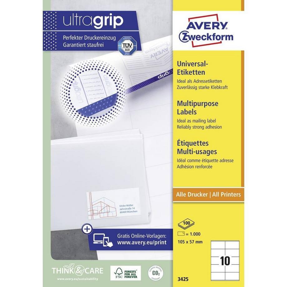 Avery Zweckform ETIQUETTES universelles avec ultra-grip, 105 x 57 mm, jet d'encre, laser couleur, laser s/W, copieur  