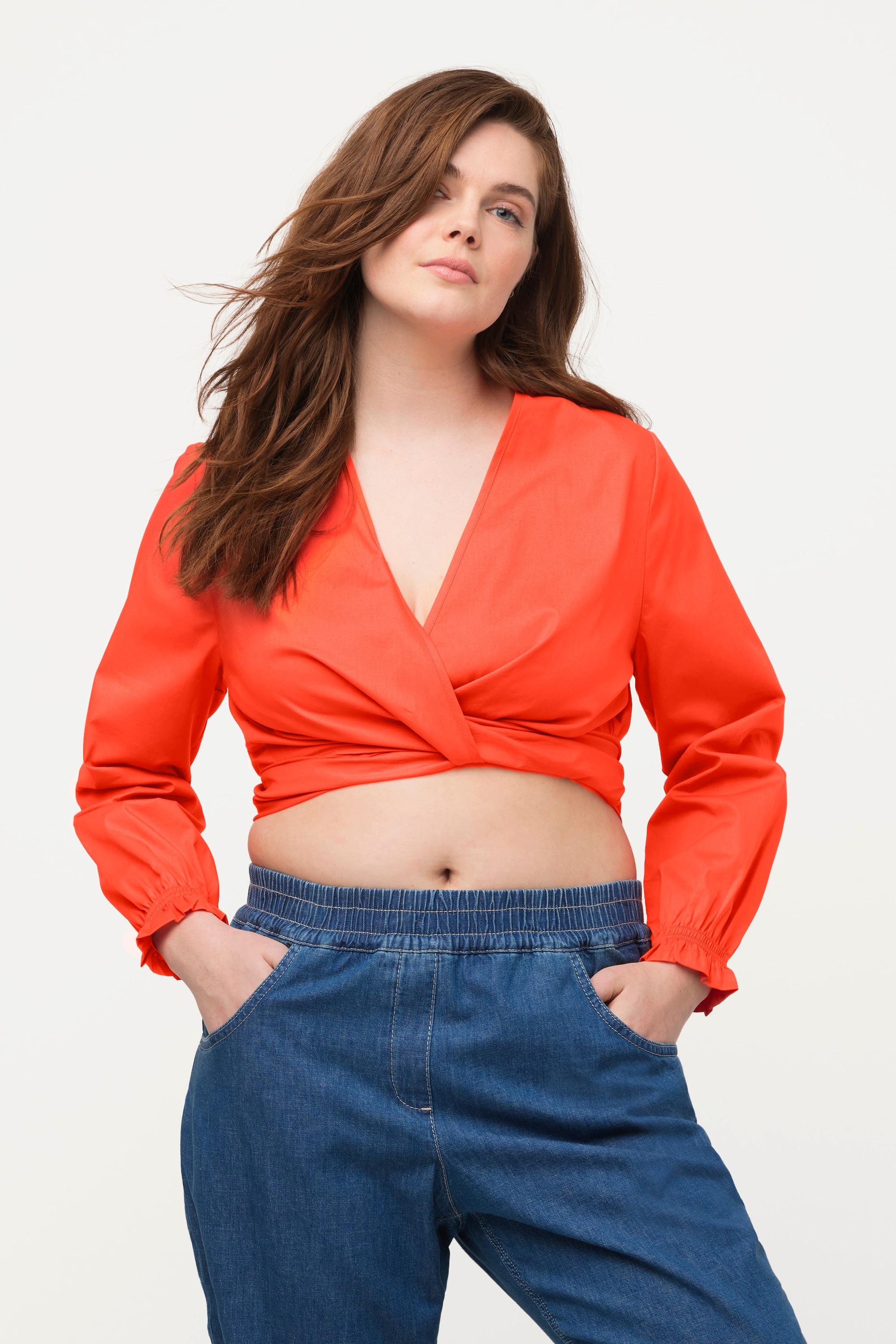 Ulla Popken Blusa Corta Incrociata Scollo V Maniche Lunghe Cotone Biologico  