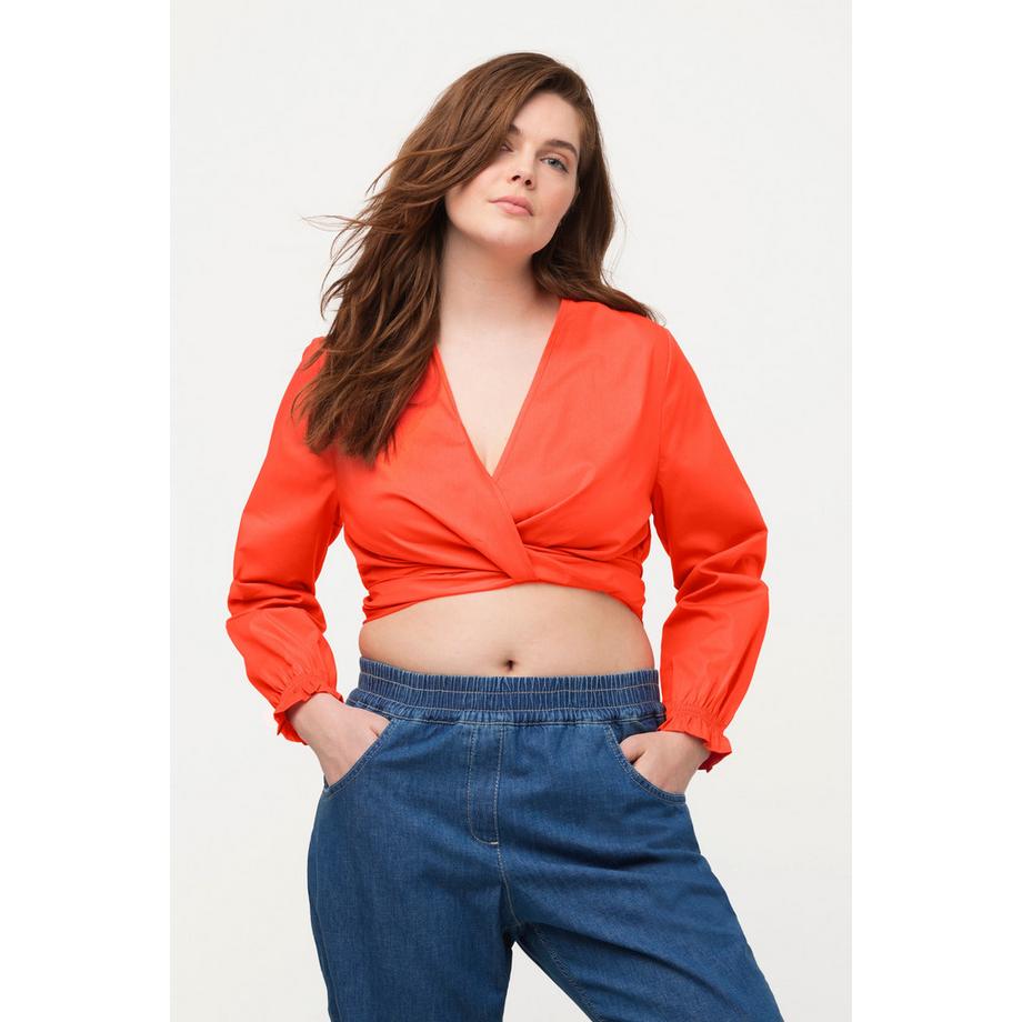 Ulla Popken Blouse Cache-cœur Courte Col V Manches Longues Coton Bio  