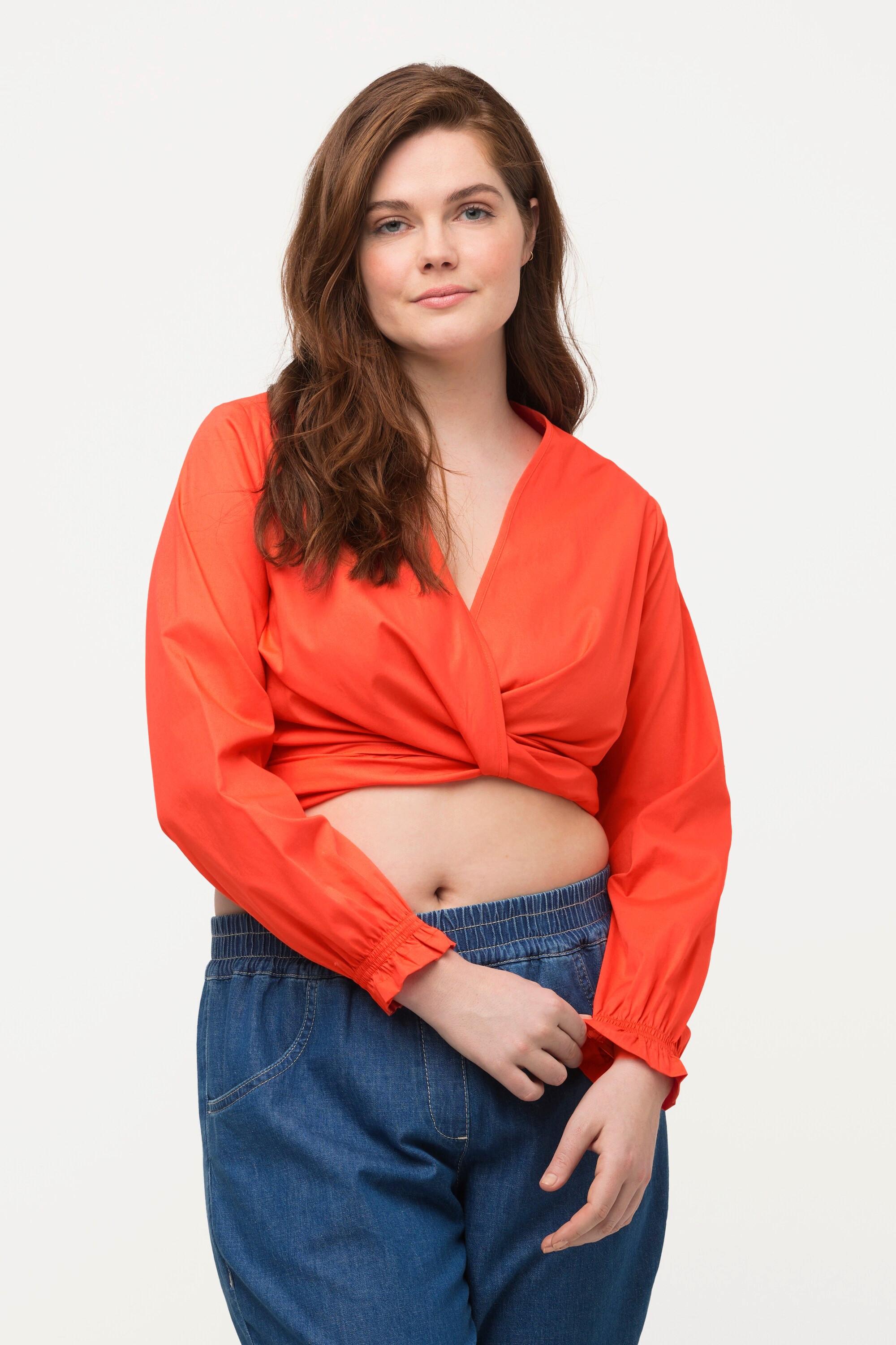 Ulla Popken Blusa Corta Incrociata Scollo V Maniche Lunghe Cotone Biologico  