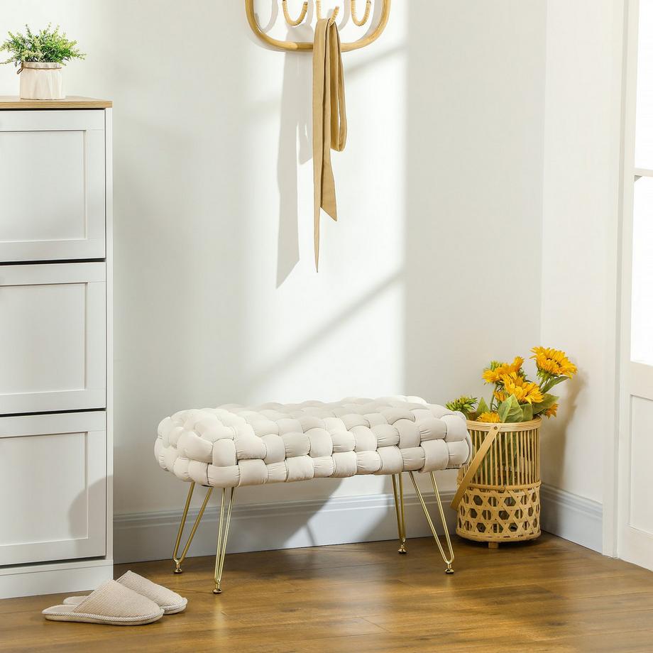 Northio Sitzhocker, Polsterbank mit Samtoptik, Fußbank mit gepolstertem Sitz, Metallbeine, Fußstütze, für Wohnzimmer, Schlafzimmer, 76 x 38 x 41,5 cm, Cremeweiß  