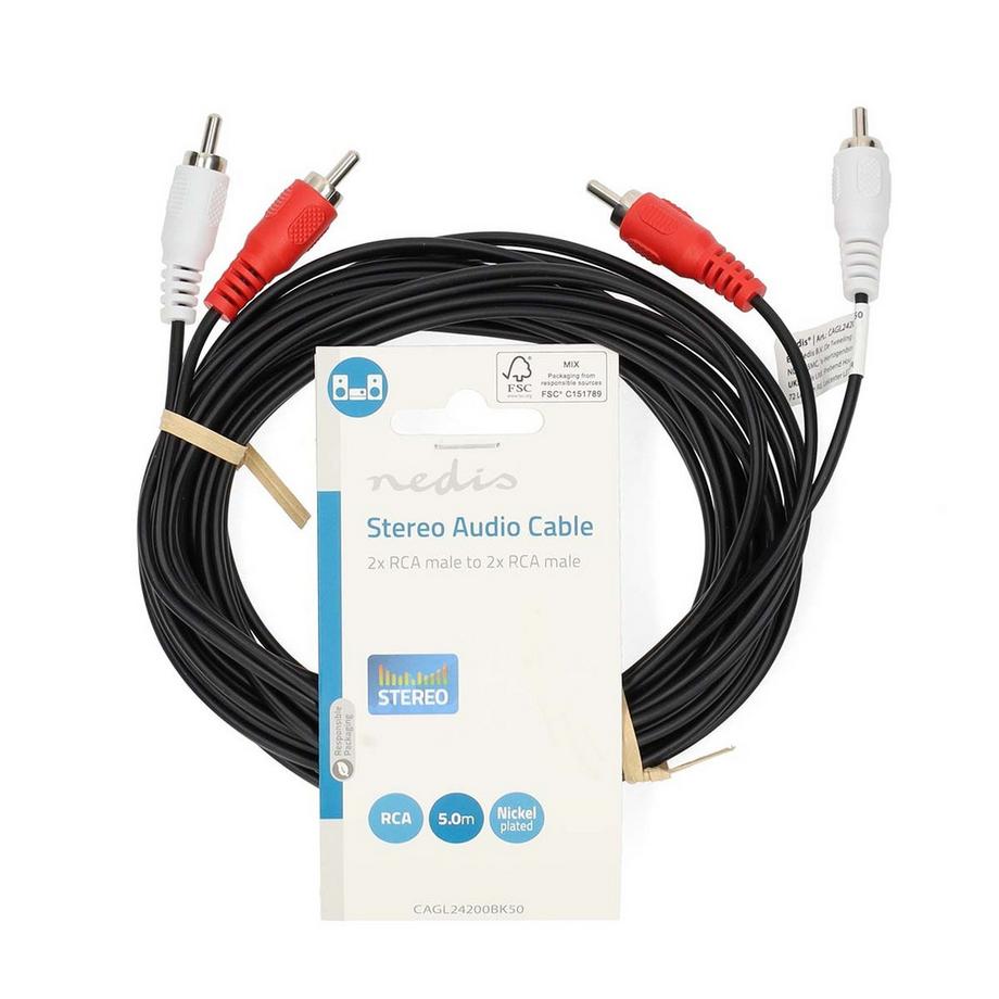 Nedis  Câble audio stéréo | 2x RCA Hane | 2x RCA Hane | Nickelplaterad | 5.00 m | Rond | Svart | Label 