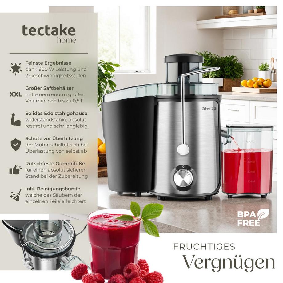 Tectake  Entsafter Frufi 600 W, 500 ml Fassungsvermögen 2 Geschwindigkeitsstufen, große Einfüllöffnung 