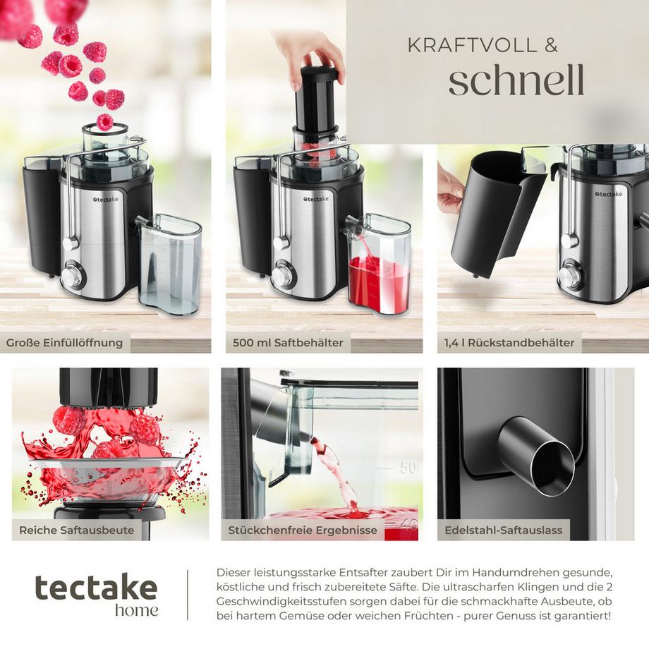Tectake  Entsafter Frufi 600 W, 500 ml Fassungsvermögen 2 Geschwindigkeitsstufen, große Einfüllöffnung 