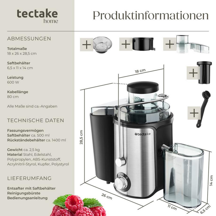 Tectake  Entsafter Frufi 600 W, 500 ml Fassungsvermögen 2 Geschwindigkeitsstufen, große Einfüllöffnung 