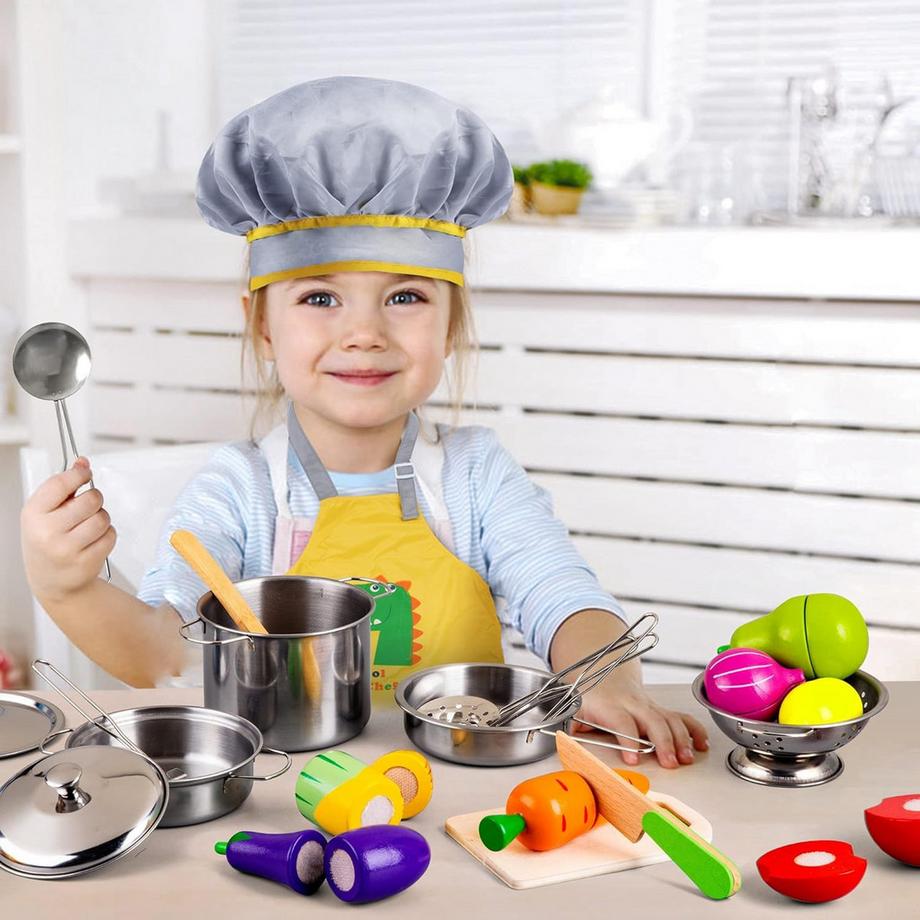 Activity-board  Küchenzubehör für Kinder, Küchenzubehör aus Holzschlamm, Spielküche Essen Kochset 