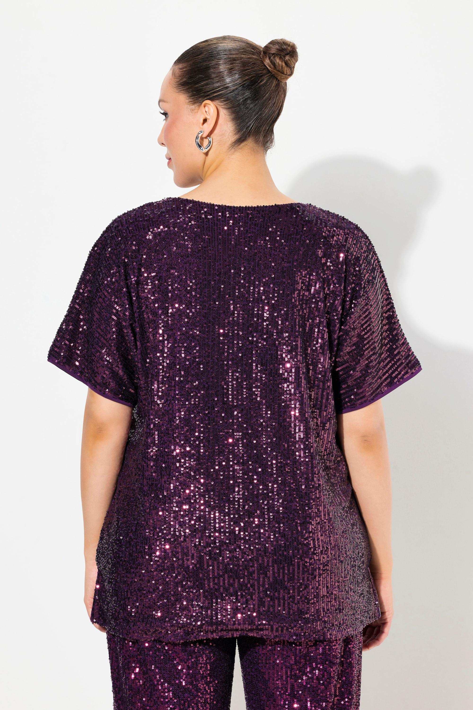 Ulla Popken  Maglia dal taglio oversize con paillettes, scollo a V e mezze maniche 