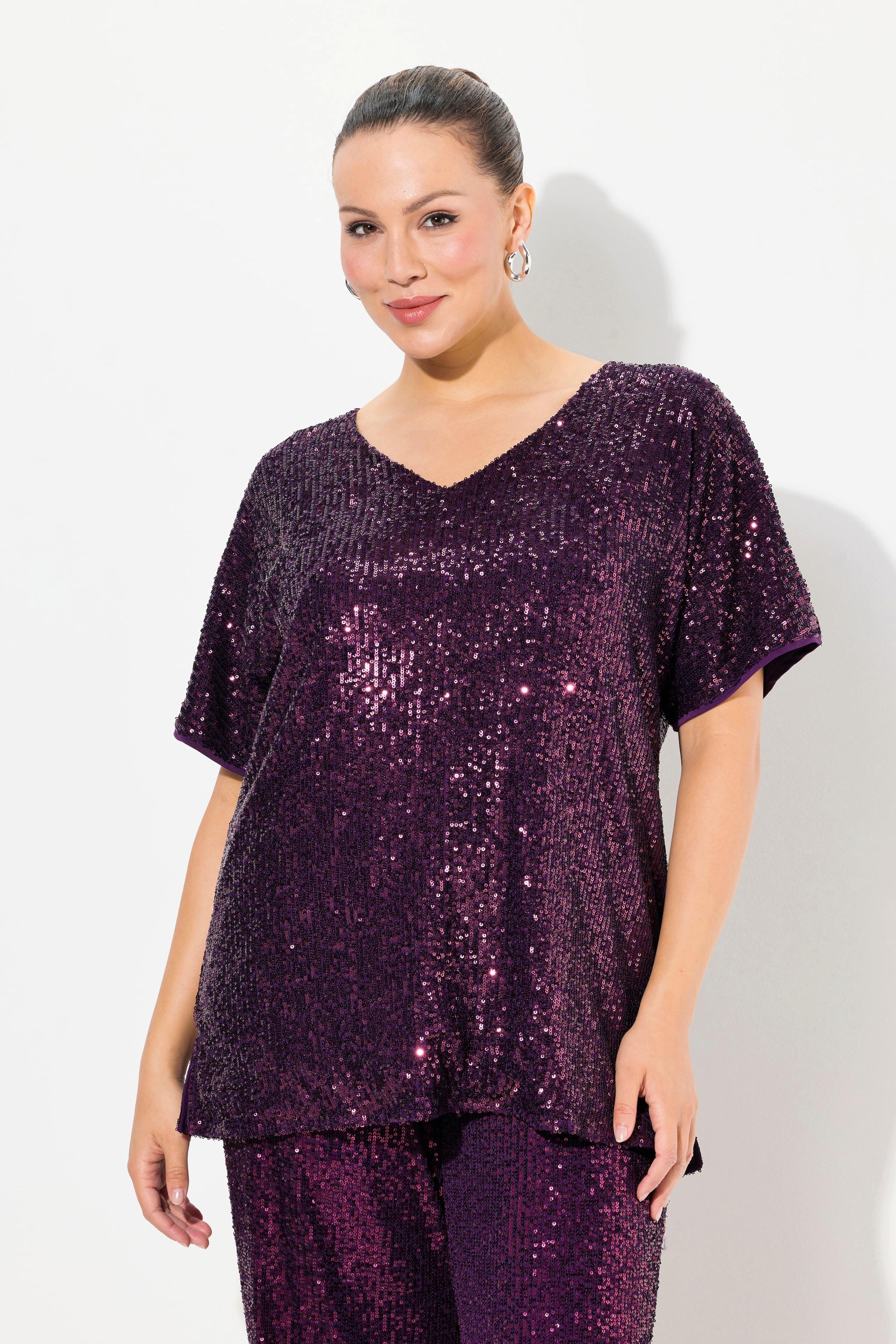 Ulla Popken  Maglia dal taglio oversize con paillettes, scollo a V e mezze maniche 