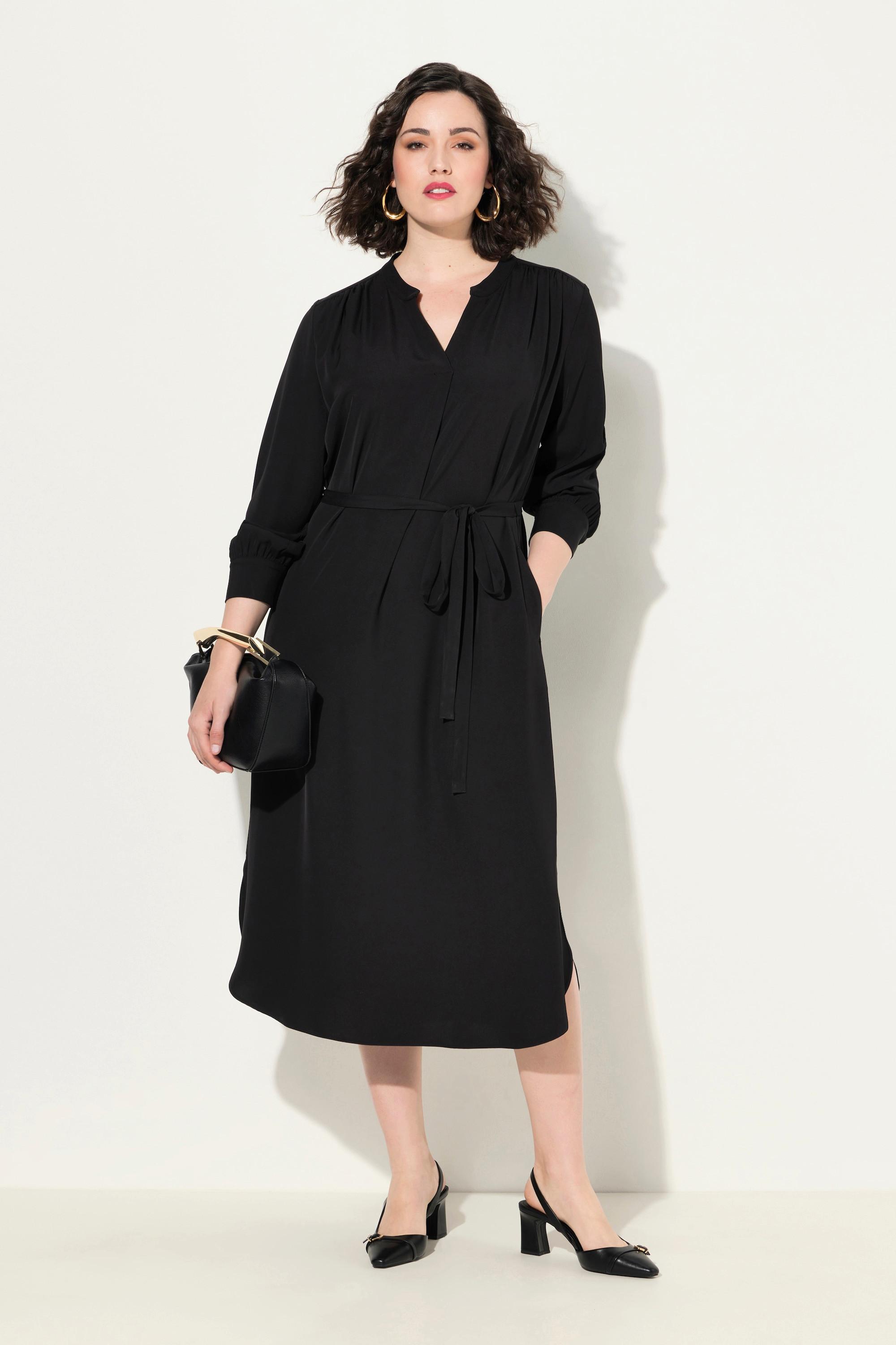 Ulla Popken Abito Midi Scollo a V Cintura da Annodare Maniche Lunghe  