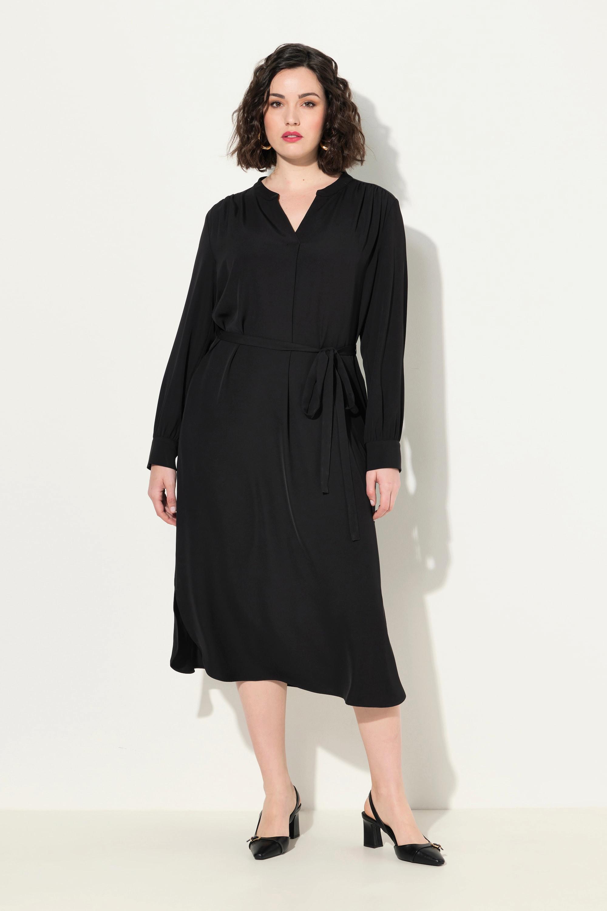 Ulla Popken Abito Midi Scollo a V Cintura da Annodare Maniche Lunghe  