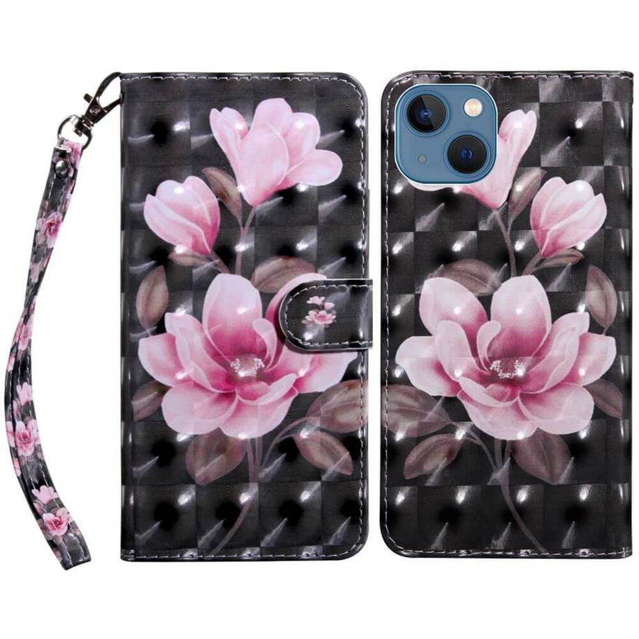 iPhone 14 Plus - Etui Glitzer Effekt Blumen Rosa