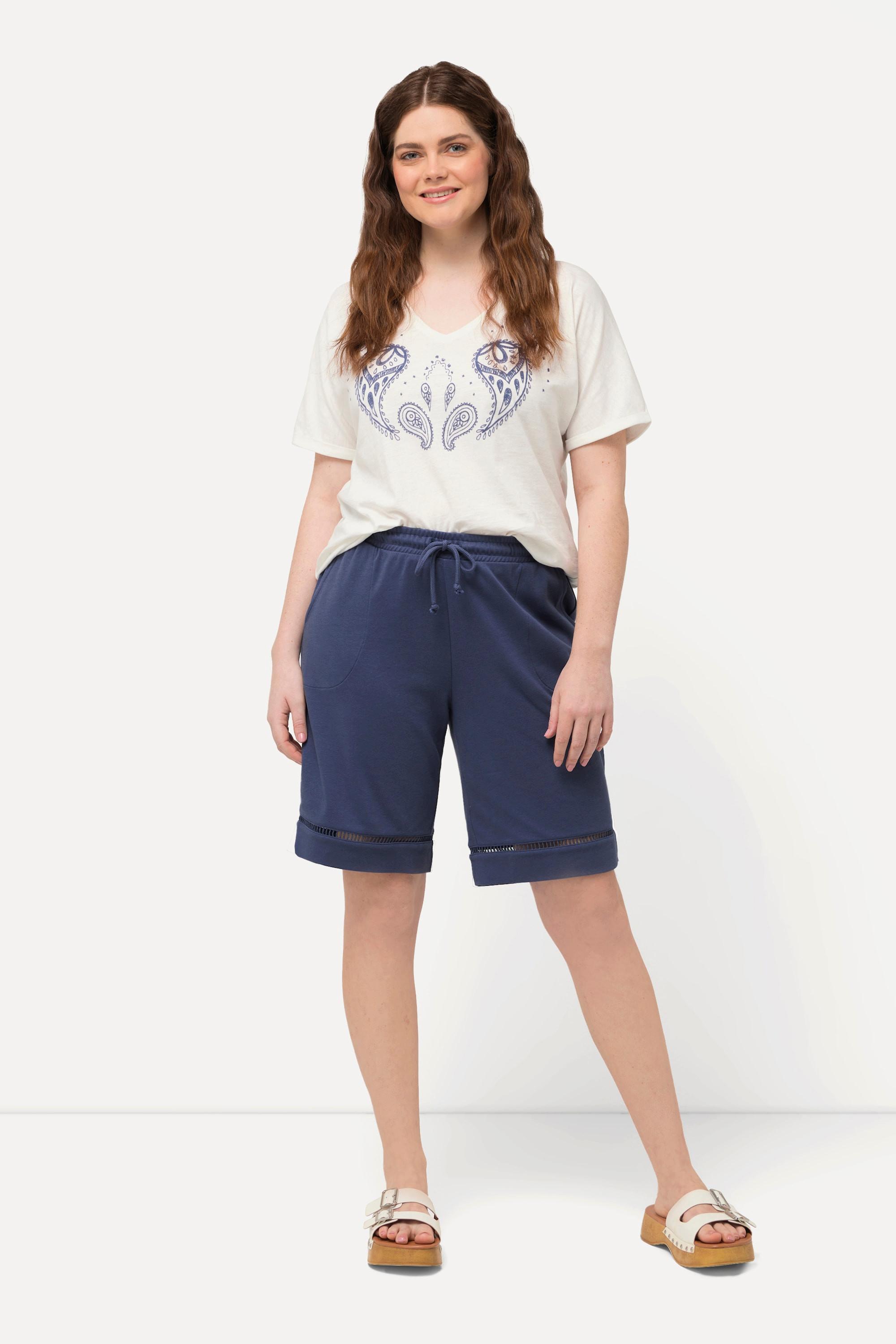 Ulla Popken  Short en coton bio avec broderie ajourée, coupe large et taille élastique 