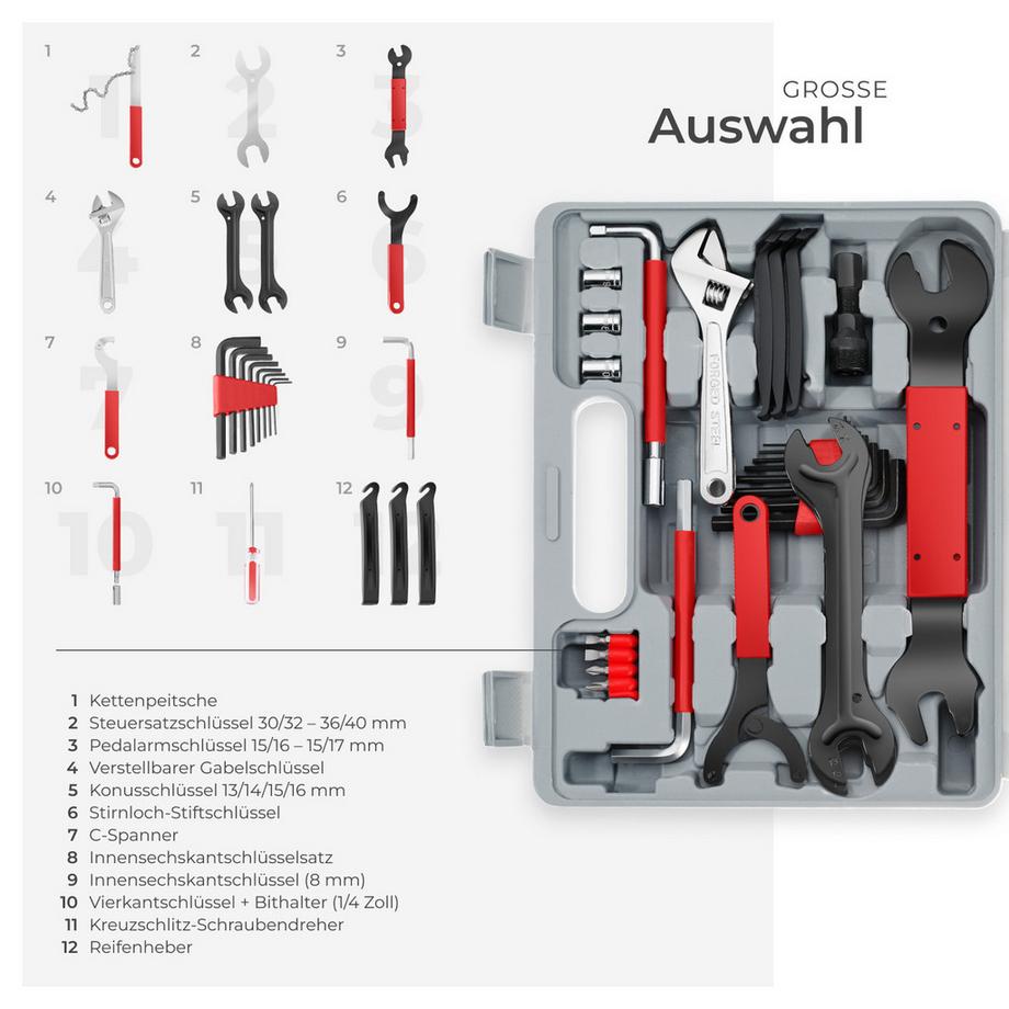 Tectake  Boîte à outils vélo, coffret d'outils - 50 pièces  kit complet de haute qualité 