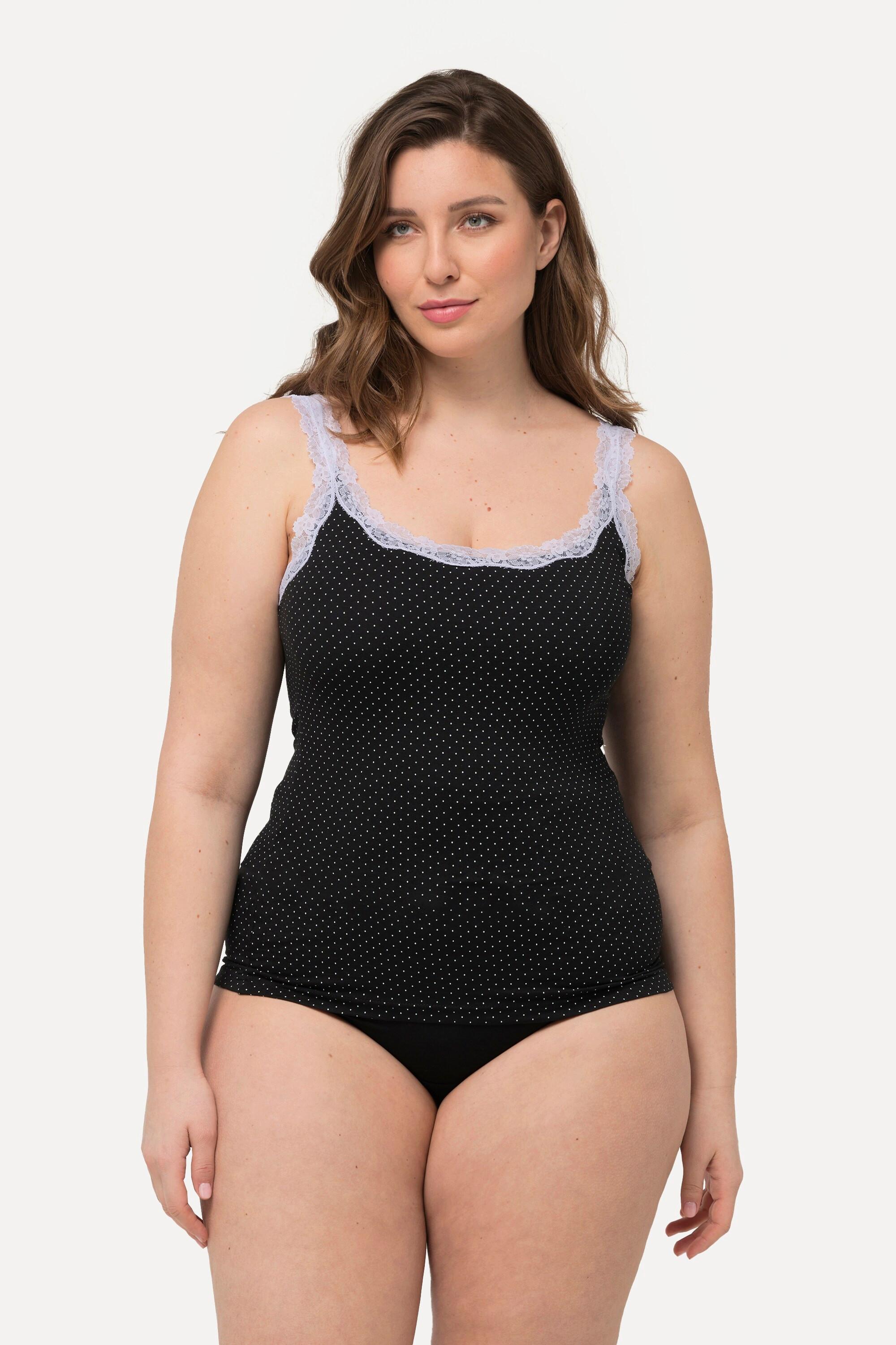 Ulla Popken Confezione da 2 Canottiere Pizzo Pois Tinta Unita  