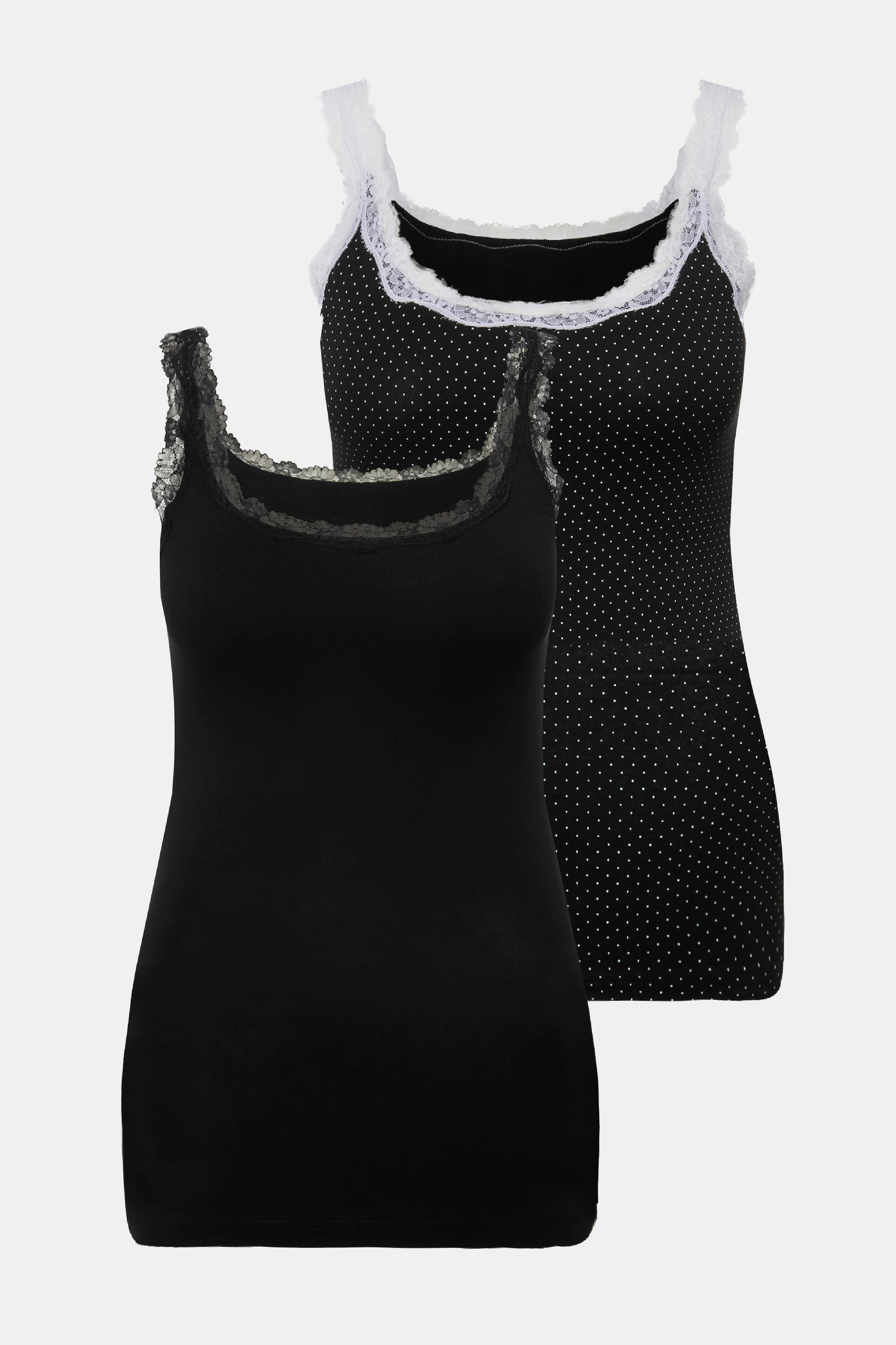 Ulla Popken Confezione da 2 Canottiere Pizzo Pois Tinta Unita  