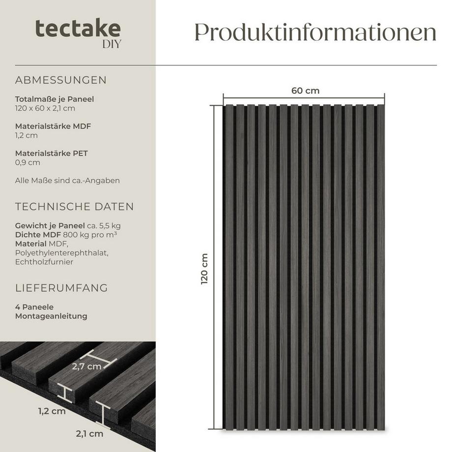Tectake Akustikpaneele Sonic Wall je 60 x 120 x 2,1 cm, Größe flexibel anpassbar schallabsorbierender Filz  