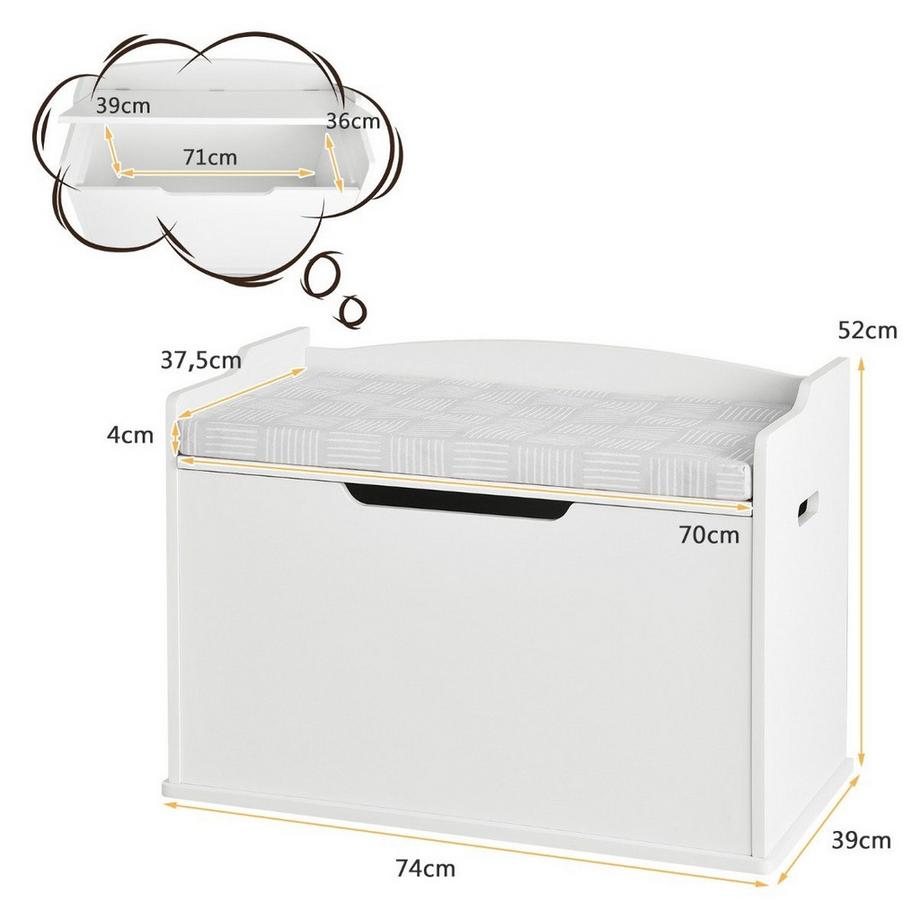 Northio Spielzeugkiste mit Deckel 2 in 1 Spielzeugtruhe mit Kissen Spielzeugschrank 74 x 39 x 52 cm Weiß  