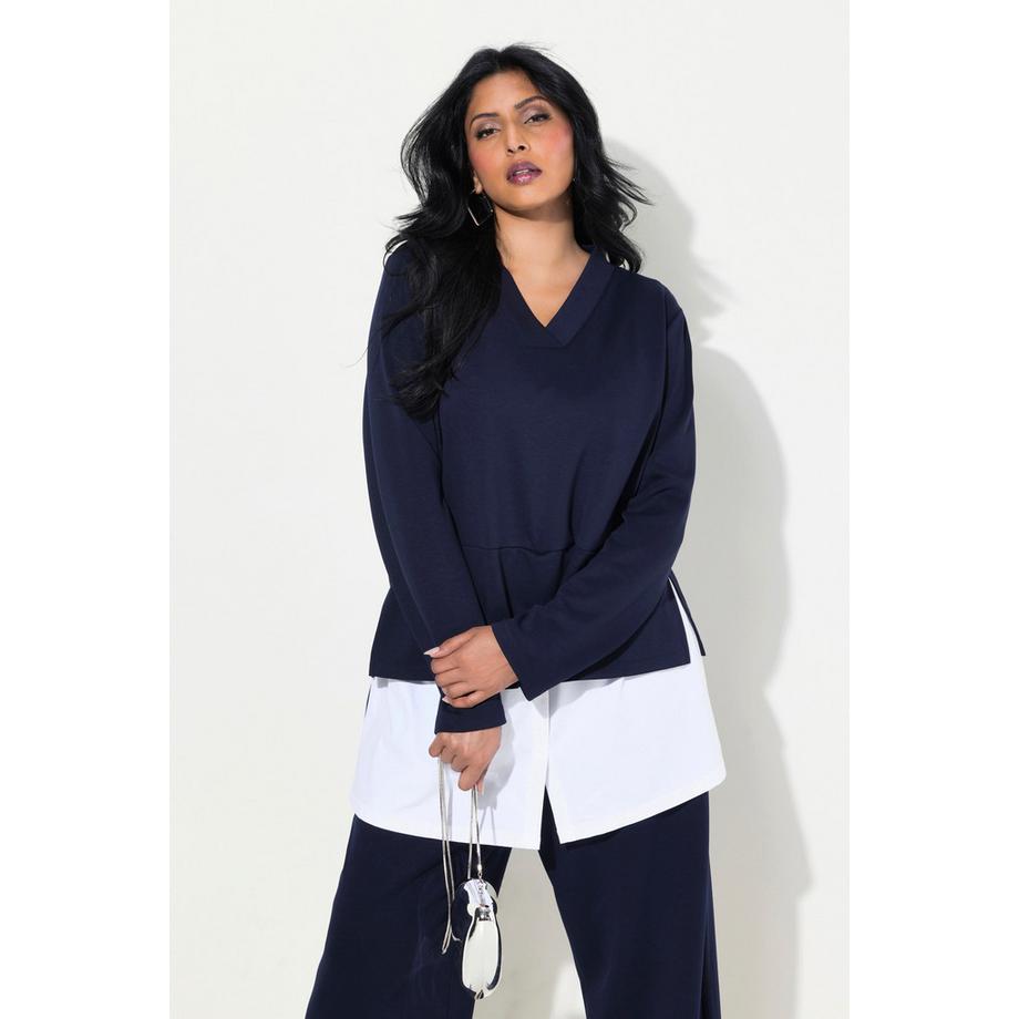 Ulla Popken Sweatshirt Bluseneinsatz V-Ausschnitt Langarm  