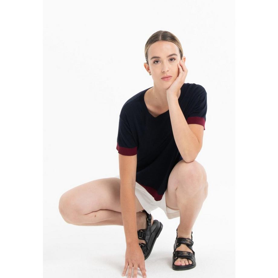 Studio Cashmere8 Zweifarbiges Rundhals Kurzarm T-Shirt  