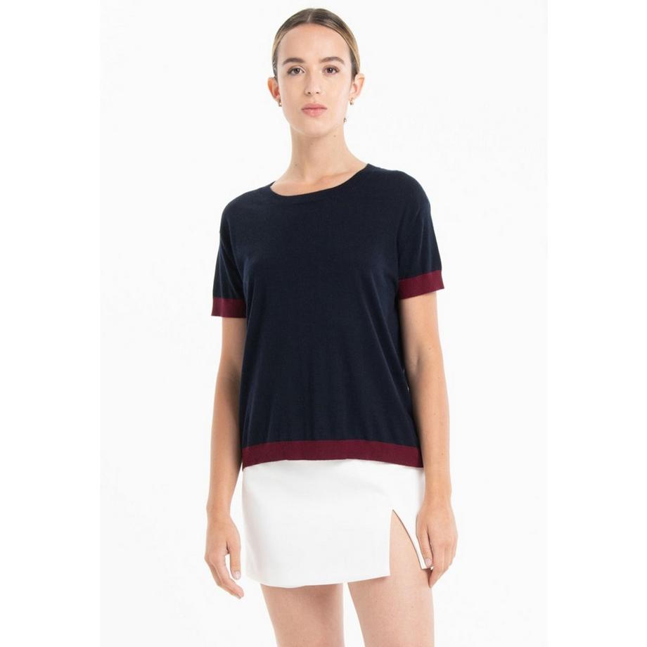 T-Shirt mit Rundhalsausschnitt, kurzen Ärmeln, zweifarbig, 2-fädig, ultrafein aus Kaschmir und Wolle