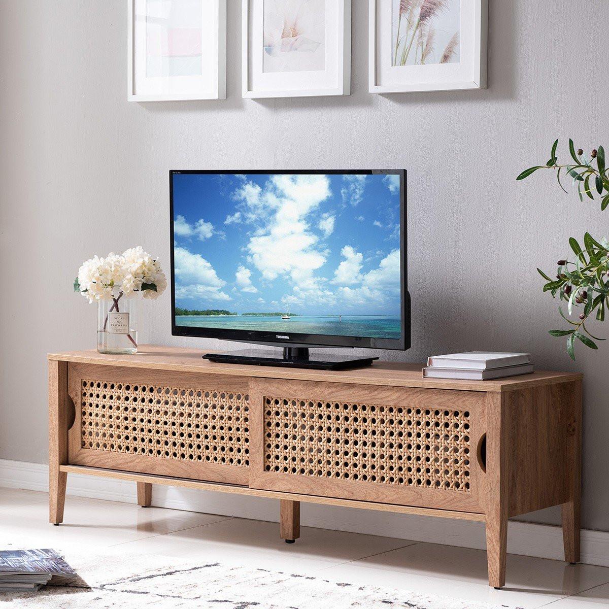 Calicosy Mobile TV con 2 porte scorrevoli, decorazione in rattan  