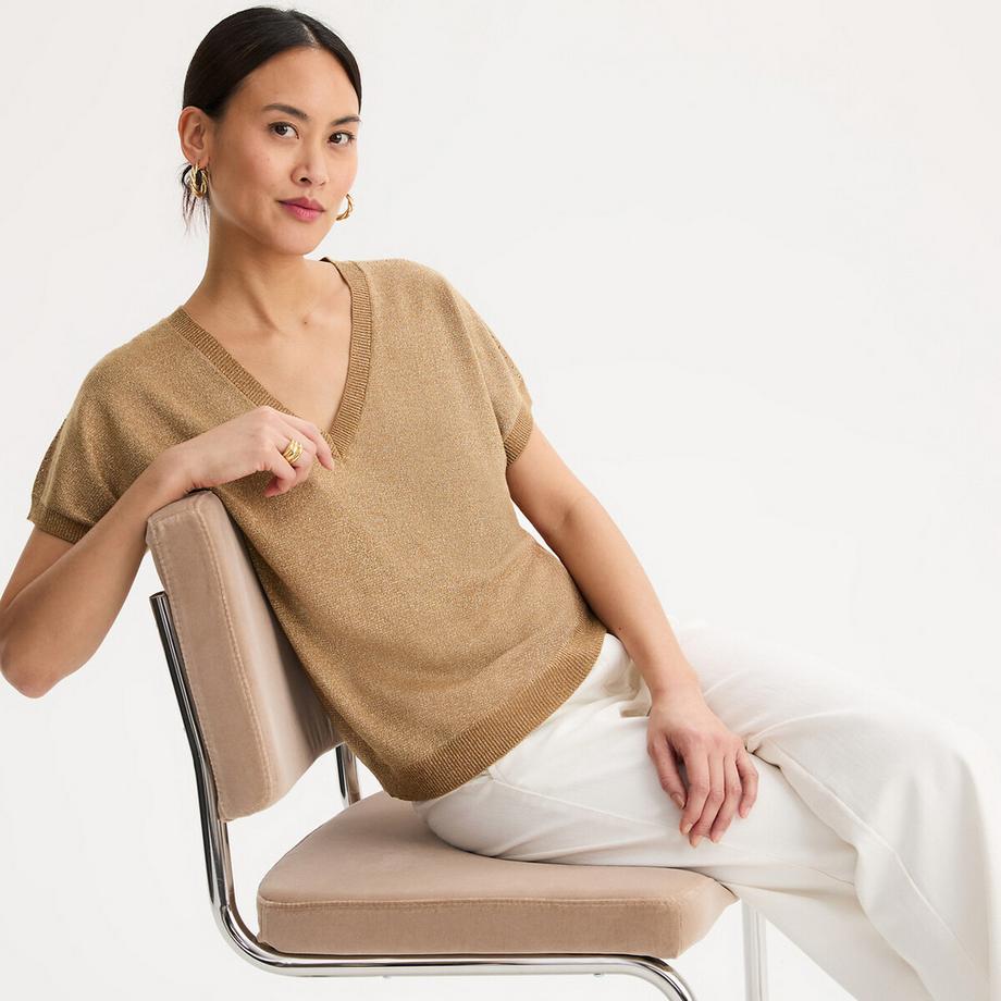 Pullover mit V-Ausschnitt und kurzen Ärmeln aus irisierender Feinstrickware