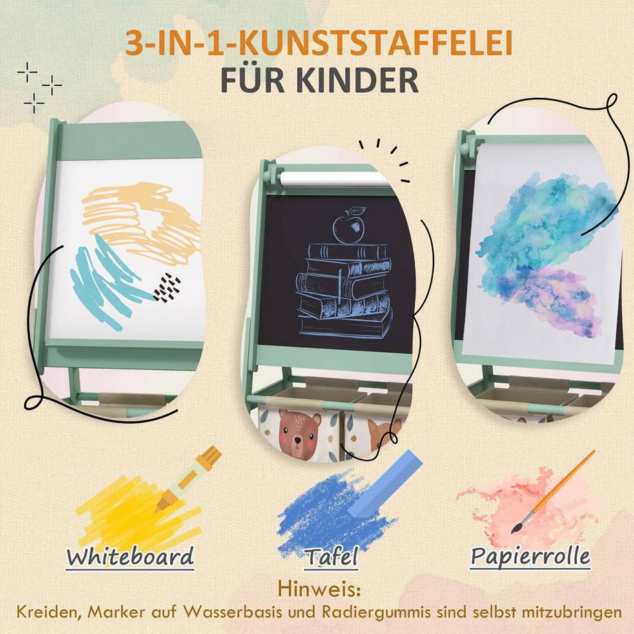 Northio  Kindertafel, 3 In 1 Kinder Staffelei, Doppelseitige Kinder Spieltafel, Whiteboard & Kreidetafel, Standtafel Mit Papierrolle, 2 Aufbewahrungsboxen, Anderem Zubehör 