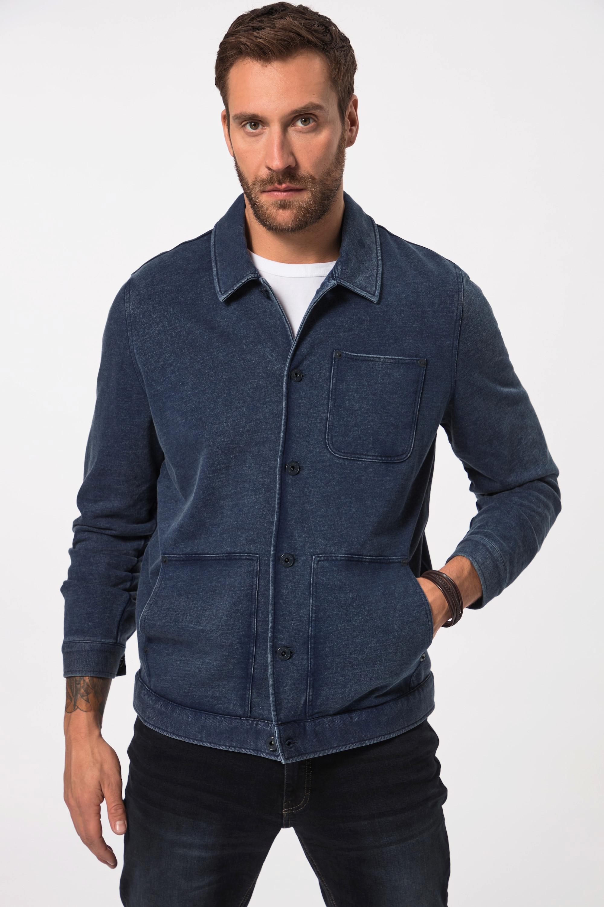 JP1880  Veste en molleton style Worker, look vintage jean bleu foncé 