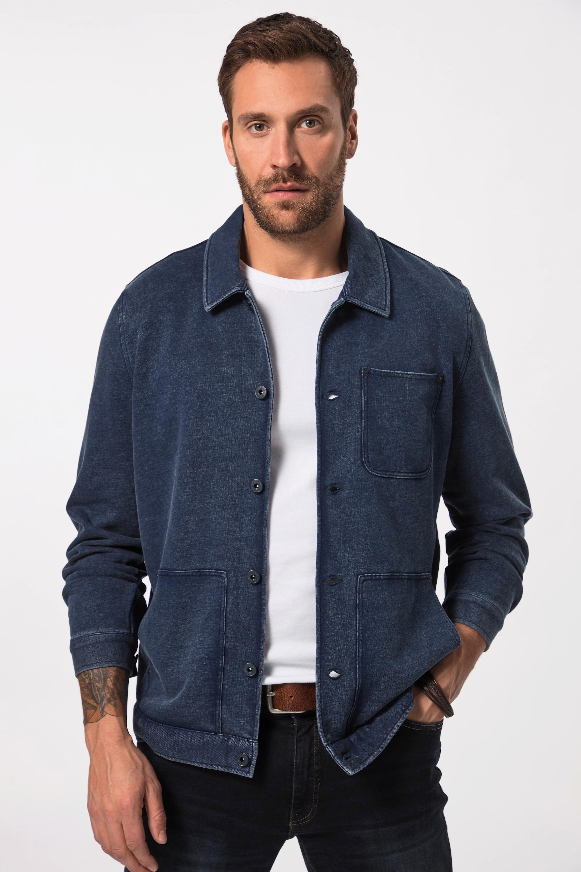 JP1880  Veste en molleton style Worker, look vintage jean bleu foncé 