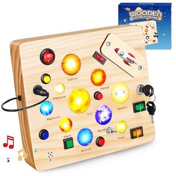 Busy Board Spielzeug, Activity Board Holzspielzeug mit 12 Schaltern, 10 LED Lichtern und Kleinkind-Motorikspielzeug für Babys