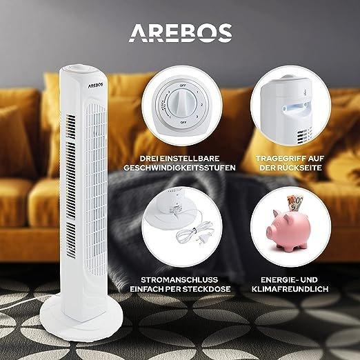 Arebos  Ventilateur Tour Circulateur Air | Blanc 3 Niveaux Portable | Silencieux 50W 