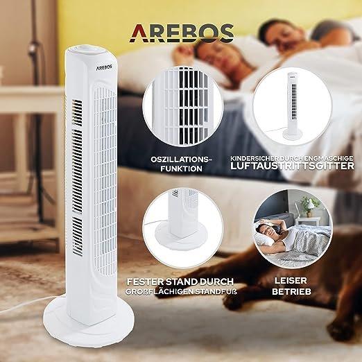 Arebos  Ventilateur Tour Circulateur Air | Blanc 3 Niveaux Portable | Silencieux 50W 