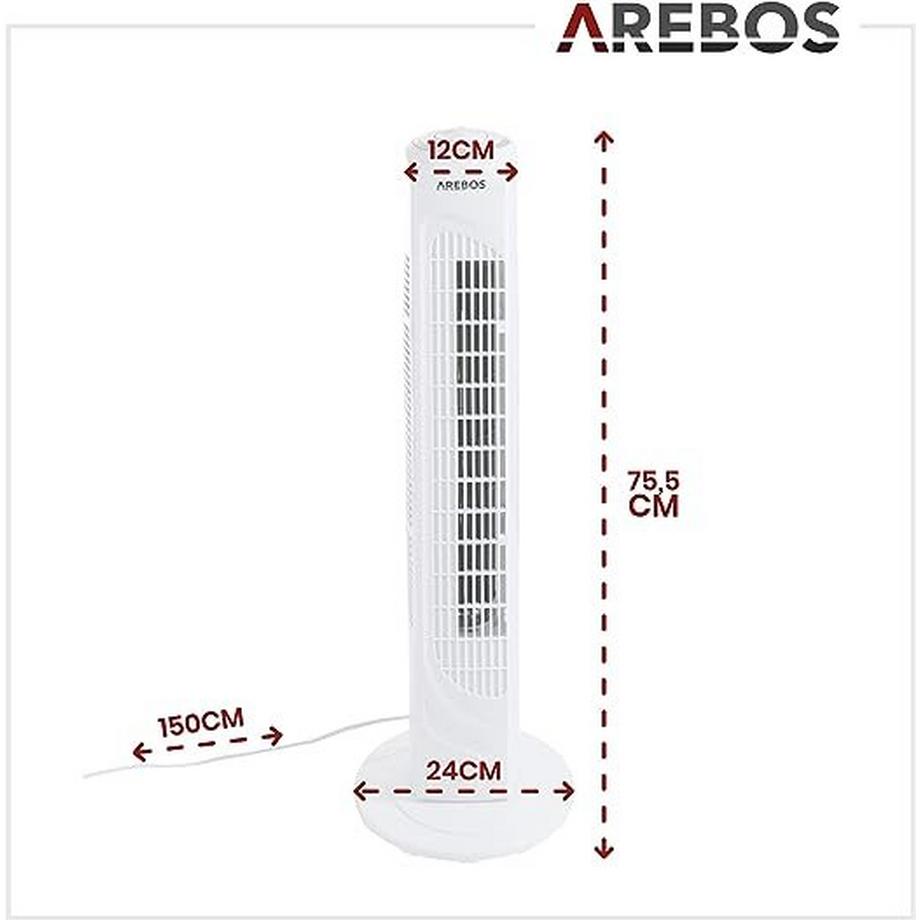 Arebos  Turmventilator | 50 Watt | 60°-Oszillation | 3 Geschwindigkeitsstufen 