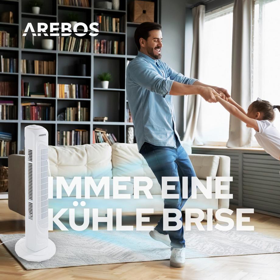 Arebos  Turmventilator | 50 Watt | 60°-Oszillation | 3 Geschwindigkeitsstufen 