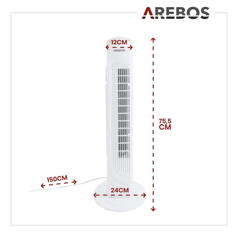 Arebos  Turmventilator | 50 Watt | 60°-Oszillation | 3 Geschwindigkeitsstufen 