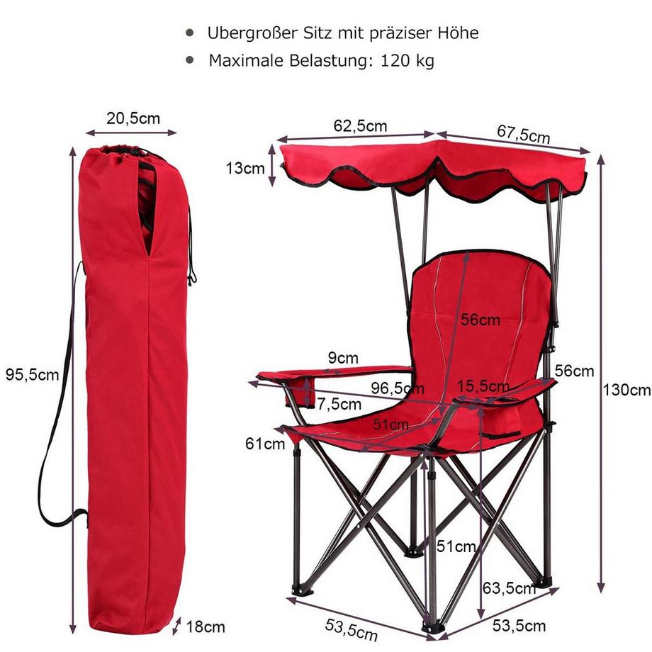 Northix  Chaise de pêche pliante avec porte-gobelet pour terrasse, plage, camping, 96,5 x 67,5 x 130 cm, rouge 