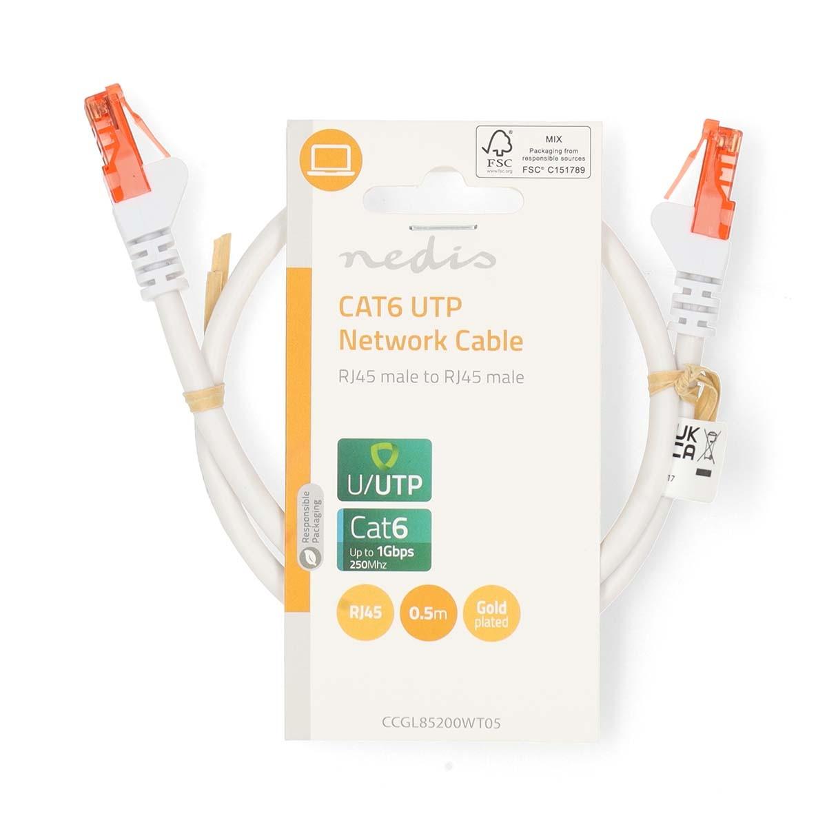 Nedis  Câble réseau CAT6 | RJ45 mâle | RJ45 mâle | U/UTP | 0.50 m | Rond | PVC | Blanc | Etiquette 