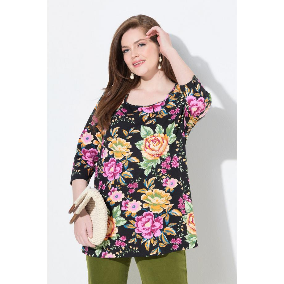 Ulla Popken Blumen Classic Carré-Ausschnitt 3/4-Arm Shirt  
