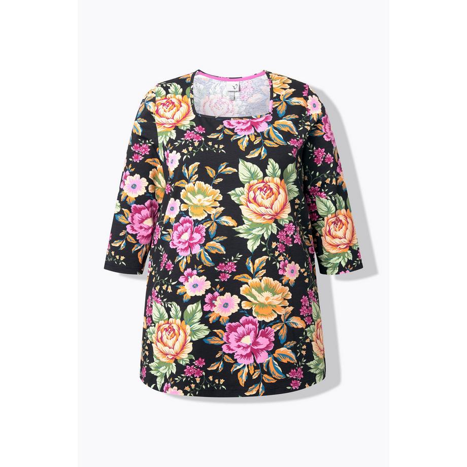 Ulla Popken Blumen Classic Carré-Ausschnitt 3/4-Arm Shirt  