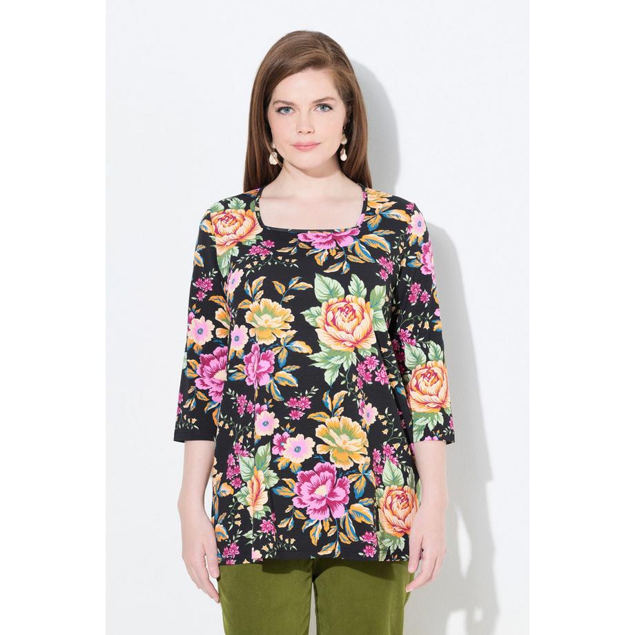 Ulla Popken Blumen Classic Carré-Ausschnitt 3/4-Arm Shirt  