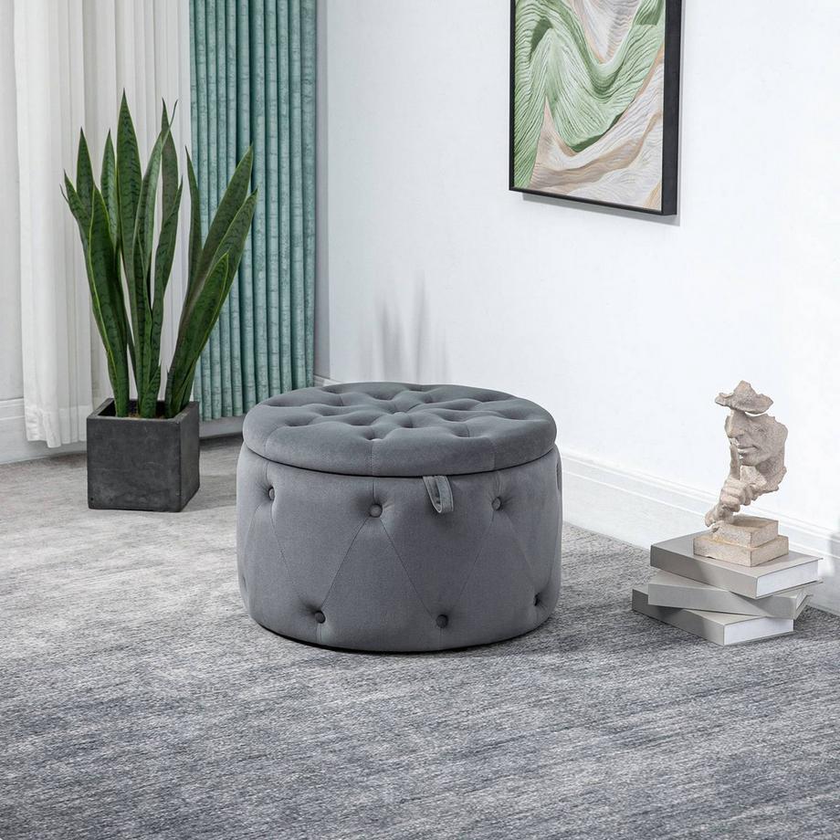 Northio Sgabello Con Vano Portaoggetti, Sgabello Imbottito Con Coperchio, Pouf Rotondo, Cassapanca Con Aspetto Velluto, Grigio, Ø60 X 40 Cm  