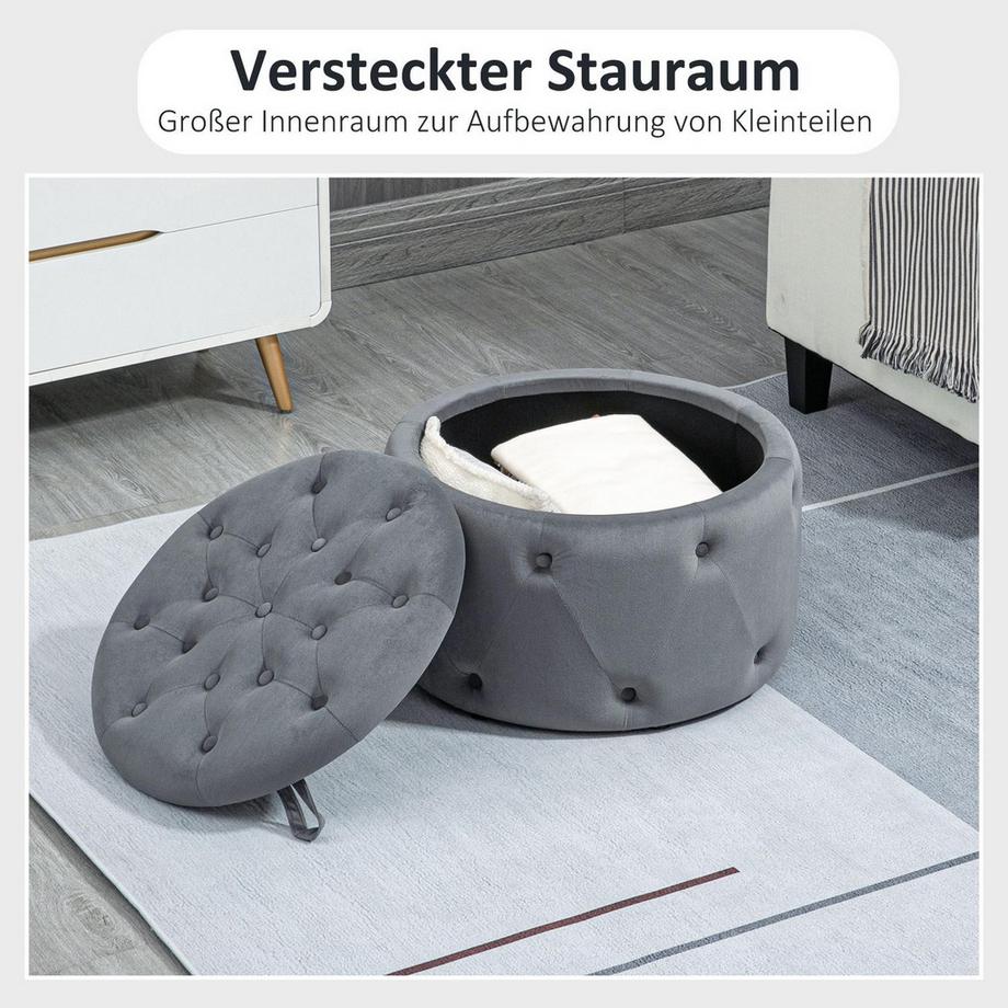 Northio Sgabello Con Vano Portaoggetti, Sgabello Imbottito Con Coperchio, Pouf Rotondo, Cassapanca Con Aspetto Velluto, Grigio, Ø60 X 40 Cm  